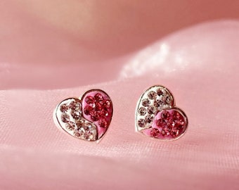 Pink Crystal Heart Studs: Sterling Silver Earrings, Girls Birthday Gift