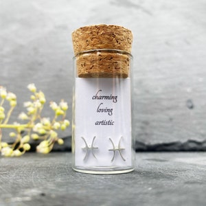 May include: Silver Pisces zodiac sign earrings in a small glass vial with a cork stopper. The vial has a white label with the text "charming loving artistic" and the Pisces symbol.