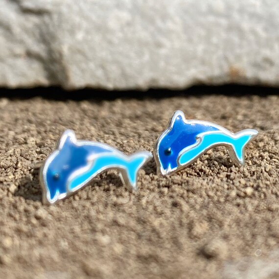 Dolphin Post Stud Earrings with Light Blue Enamel Coloring Dolphin Post Stud Earrings with Light Blue Enamel Coloring