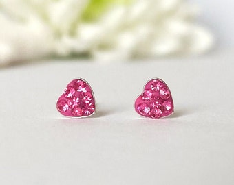 Pink Crystal Heart Studs: Sterling Silver Earrings, Girls Jewelry