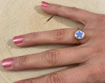 Adjustable ring Myosotis blue real dried flower, 3 colors gold, silver or rose gold, resin, natural jewelry