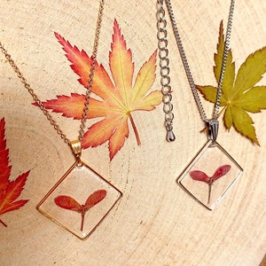 Real Japanese maple seed necklace, gold or silver diamond pendant, stainless steel, resin, nature jewelry