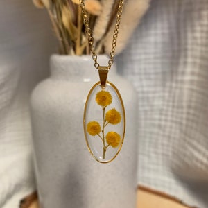 Real dried flower Mimosa necklace, golden oval pendant, resin, nature jewelry