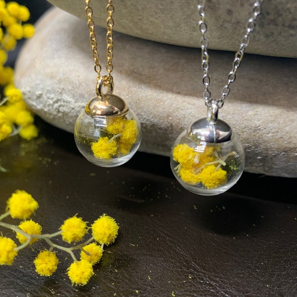 Mimosa Collier vraie fleur séchée dans boule de verre, pendentif doré ou argenté, chaîne Acier inoxydable, bijou nature