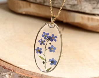 Collier Grand Myosotis vraie fleur séchée, Oubliez moi pas, pendentif ovale doré, chaîne acier inoxydable, résine, bijou nature