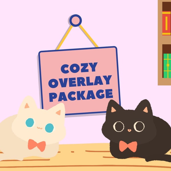 Animated Cozy Room White Black Cat Twitch Overlay Pack - Overlay & Scenes - Coming Soon, BRB, Ending, Offline