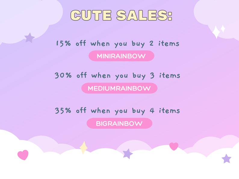 Puede incluir: Un gr&aacute;fico rosa y morado con nubes y estrellas. El texto "CUTE SALES:" est&aacute; en la parte superior. El texto de abajo enumera los descuentos por la compra de varios art&iacute;culos: 15% de descuento al comprar 2 art&iacute;culos (MINIRAINBOW), 30% de descuento al comprar 3 art&iacute;culos (MEDIUMRAINBOW) y 35% de descuento al comprar 4 art&iacute;culos (BIGRAINBOW).