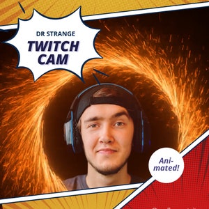 Könnte beinhalten: Comic-Stil-Bild mit einer Person, die ein Headset und eine Baseballkappe trägt. Der Text in einer Sprechblase lautet "DR STRANGE TWITCH CAM". Der Hintergrund zeigt ein animiertes orangefarbenes Portal.
