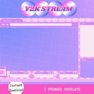 Puede incluir: Una superposici&oacute;n de transmisi&oacute;n digital rosa y morada con un fondo de patr&oacute;n de cuadr&iacute;cula. La superposici&oacute;n presenta una barra de t&iacute;tulo con el texto "Y2K STREAM", un cuadro de chat, un cuadro de rescar y una secci&oacute;n de nuevos seguidores, nuevos suscriptores y nuevos donantes. La superposici&oacute;n tambi&eacute;n incluye un bot&oacute;n de inicio y un temporizador.