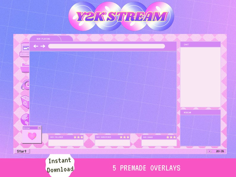 Puede incluir: Una superposici&oacute;n de transmisi&oacute;n digital rosa y morada con un fondo de patr&oacute;n de cuadr&iacute;cula. La superposici&oacute;n presenta una barra de t&iacute;tulo con el texto "Y2K STREAM", un cuadro de chat, un cuadro de rescar y una secci&oacute;n de nuevos seguidores, nuevos suscriptores y nuevos donantes. La superposici&oacute;n tambi&eacute;n incluye un bot&oacute;n de inicio y un temporizador.