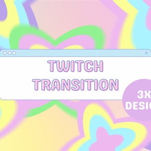 Puede incluir: Un dise&ntilde;o gr&aacute;fico en colores pastel con una ventana de navegador que dice "Twitch Transition 3x Design". El fondo es un dise&ntilde;o abstracto borroso con colores pastel.