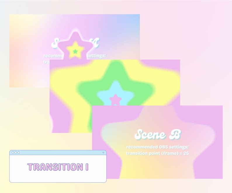 Puede incluir: Un fondo degradado en tonos pastel rosa, amarillo y azul con una gran estrella blanca. El texto "Scene B" est&aacute; escrito en una fuente retro cursiva. El texto "recommended OBS settings: transition point (frame) = 25" est&aacute; escrito en una fuente m&aacute;s peque&ntilde;a debajo de la estrella.