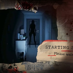 May include: A dark hallway with a closed door at the end. A shadowy figure stands in the doorway. A white dresser with a lamp and other items is visible on the left side of the image. The text "STARTING SOON... Please wait." is visible in the lower right corner of the image.