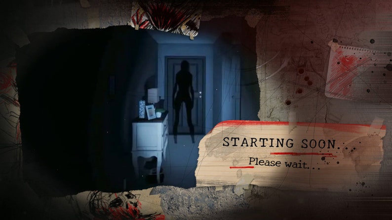 May include: A dark hallway with a closed door at the end. A shadowy figure stands in the doorway. A white dresser with a lamp and other items is visible on the left side of the image. The text "STARTING SOON... Please wait." is visible in the lower right corner of the image.