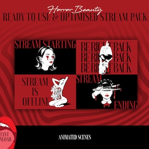 Puede incluir: Un pack de stream animado en rojo y negro con el texto "Horror Beauty". El pack incluye cuatro escenas animadas con ilustraciones de una mujer llorando, una mano sosteniendo un vaso, una mujer con flores y una mujer con cuchillos.