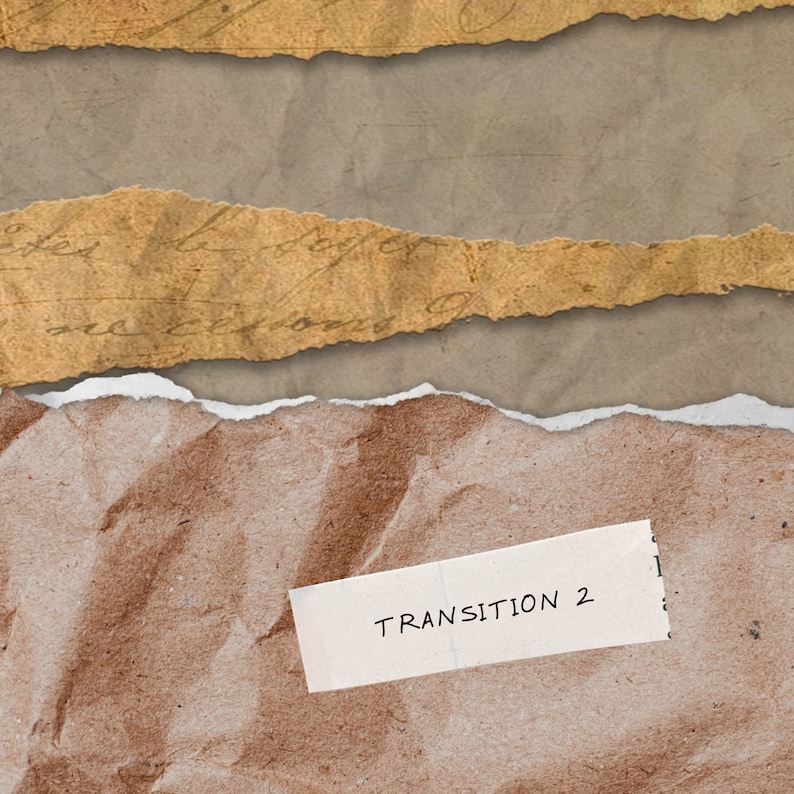K&ouml;nnte beinhalten: Ein brauner Papierhintergrund mit einem wei&szlig;en Papierzettel, auf dem "TRANSITION 2" steht. Der Papierhintergrund ist zerrissen und hat eine raue Textur.