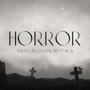 May include: Black and white image of a foggy graveyard with two crosses and a crow perched on a tombstone. The text "HORROR TWITCH OVERLAY PACK" is displayed in the centre of the image.