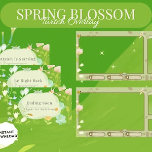 Könnte beinhalten: Ein grünes Twitch-Overlay-Design mit Frühlingsblüten-Thema. Das Design umfasst Rahmen für das Streaming mit den Texten "Stream is Starting", "Be Right Back" und "Ending Soon". Florale und Bienen-Akzente schmücken das Design.
