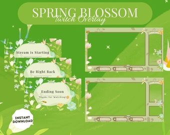 Spring Blossom Twitch Overlay - Animated Scenes, Premade Overlays, Green Floral Design, Chat Boxes, Webcam, Labels