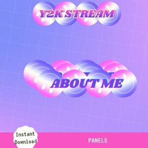 Puede incluir: Un conjunto de paneles digitales de Twitch con una est&eacute;tica Y2K. Los paneles son de color rosa, azul y blanco con un fondo de patr&oacute;n de cuadr&iacute;cula. El texto "Y2K STREAM" y "ABOUT ME" est&aacute;n en una fuente negrita y colorida.