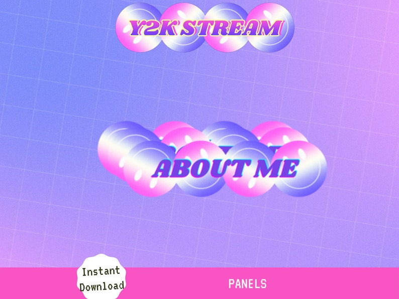 Puede incluir: Un conjunto de paneles digitales de Twitch con una est&eacute;tica Y2K. Los paneles son de color rosa, azul y blanco con un fondo de patr&oacute;n de cuadr&iacute;cula. El texto "Y2K STREAM" y "ABOUT ME" est&aacute;n en una fuente negrita y colorida.