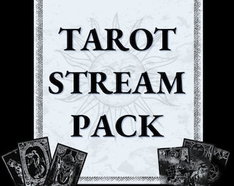 May include: Tarot Stream Pack, a set of tarot cards with black and white illustrations. The cards are arranged in a semi-circle with the text "TAROT STREAM PACK" in black text on a blue and white background.