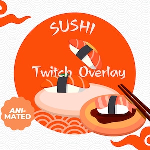 Animated Cute Twitch Overlay Japan Sushi Twitch Stream Package | Premade Overlay and Loading Scenes