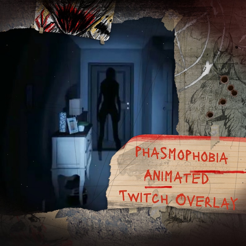 May include: A torn piece of paper with the text "Phasmophobia Animated Twitch Overlay" in red letters on a beige background. The background image is a blurry silhouette of a person standing in a doorway.