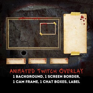 May include: A dark, grunge-style animated Twitch overlay with a red and gold frame, a chat box, and a label that reads "ANIMATED TWITCH OVERLAY 1 BACKGROUND, 1 SCREEN BORDER, 1 CAM FRAME, 1 CHAT BOXES, LABEL".