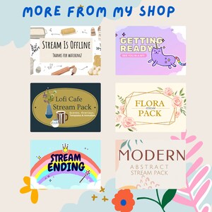 K&ouml;nnte beinhalten: Eine Collage aus f&uuml;nf bunten digitalen Illustrationen f&uuml;r Twitch-Stream-Overlays. Die Illustrationen beinhalten eine Katze, Blumen, einen Regenbogen und eine Tasse Kaffee. Der Text auf den Illustrationen lautet "Stream is Offline", "Getting Ready", "Lofi Cafe Stream Pack", "Flora Stream Pack", "Stream Ending" und "Modern Abstract Stream Pack".