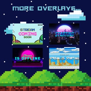 Puede incluir: Cuatro superposiciones de transmisi&oacute;n de Twitch de estilo pixel art. La primera superposici&oacute;n es azul con el texto "STREAM COMING SOON". La segunda superposici&oacute;n es una ciudad con una puesta de sol y el texto "STARTING Soon". La tercera superposici&oacute;n es un fondo oscuro con un sol rosa y el texto "Stream IS OFFLINE". La cuarta superposici&oacute;n es un cielo azul con nubes y el texto "PLEASE WAIT STREAM IS STARTING".