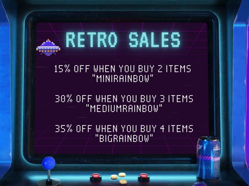 May include: A retro-style arcade game screen with a purple alien spaceship and text that reads "RETRO SALES". The screen displays a sale with discounts for buying multiple items: 15% off when you buy 2 items "MINIRAINBOW", 30% off when you buy 3 items "MEDIUMRAINBOW", and 35% off when you buy 4 items "BIGRAINBOW".