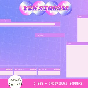 Puede incluir: Una superposici&oacute;n de transmisi&oacute;n de Twitch de tem&aacute;tica Y2K en morado y rosa con una c&aacute;mara web, chat y secciones para nuevos suscriptores, nuevos seguidores y nuevos donantes. El texto "Y2K STREAM" est&aacute; en una fuente de burbujas.