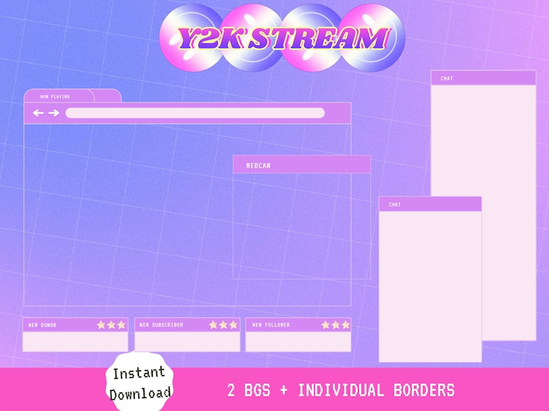 Puede incluir: Una superposici&oacute;n de transmisi&oacute;n de Twitch de tem&aacute;tica Y2K en morado y rosa con una c&aacute;mara web, chat y secciones para nuevos suscriptores, nuevos seguidores y nuevos donantes. El texto "Y2K STREAM" est&aacute; en una fuente de burbujas.