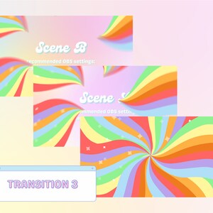 Puede incluir: Tres fondos de pantalla de espiral de arco&iacute;ris coloridos con el texto "Scene B", "Scene C" y "TRANSITION 3". Los fondos de pantalla son un degradado de rosa, naranja, amarillo, verde, azul y morado.