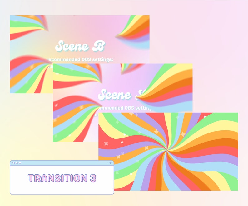 Puede incluir: Tres fondos de pantalla de espiral de arco&iacute;ris coloridos con el texto "Scene B", "Scene C" y "TRANSITION 3". Los fondos de pantalla son un degradado de rosa, naranja, amarillo, verde, azul y morado.