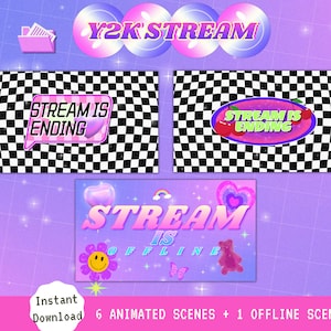 Puede incluir: Un conjunto de superposiciones de transmisi&oacute;n de Twitch animadas en una est&eacute;tica Y2K. Las superposiciones presentan un fondo a cuadros, corazones y el texto "Stream is Ending" y "Stream is Offline".