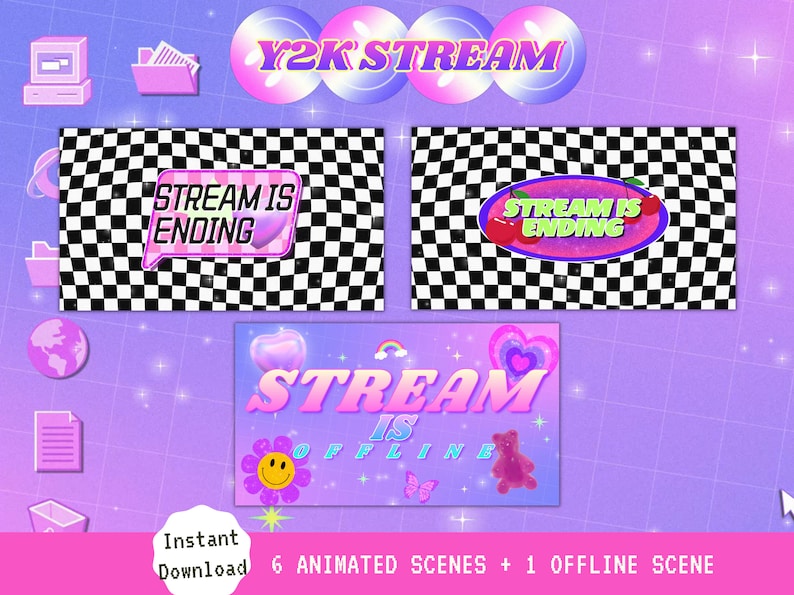 Puede incluir: Un conjunto de superposiciones de transmisi&oacute;n de Twitch animadas en una est&eacute;tica Y2K. Las superposiciones presentan un fondo a cuadros, corazones y el texto "Stream is Ending" y "Stream is Offline".
