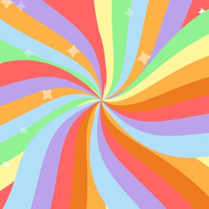 Puede incluir: Un fondo de arco&iacute;ris giratorio con colores pastel y estrellas blancas. Los colores son rojo, naranja, amarillo, verde, azul y morado.