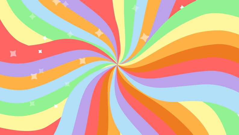 Puede incluir: Un fondo de arco&iacute;ris giratorio con colores pastel y estrellas blancas. Los colores son rojo, naranja, amarillo, verde, azul y morado.
