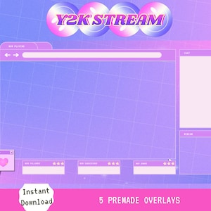 Puede incluir: Una superposici&oacute;n digital morada y rosa para streaming con el texto "Y2K STREAM" en una fuente de burbujas. La superposici&oacute;n tiene un dise&ntilde;o de ventana de navegador con un cuadro de chat, una notificaci&oacute;n de nuevo seguidor y una notificaci&oacute;n de nuevo suscriptor.