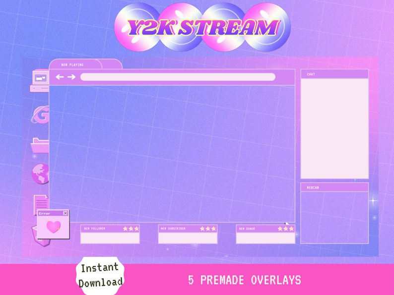 Puede incluir: Una superposici&oacute;n digital morada y rosa para streaming con el texto "Y2K STREAM" en una fuente de burbujas. La superposici&oacute;n tiene un dise&ntilde;o de ventana de navegador con un cuadro de chat, una notificaci&oacute;n de nuevo seguidor y una notificaci&oacute;n de nuevo suscriptor.