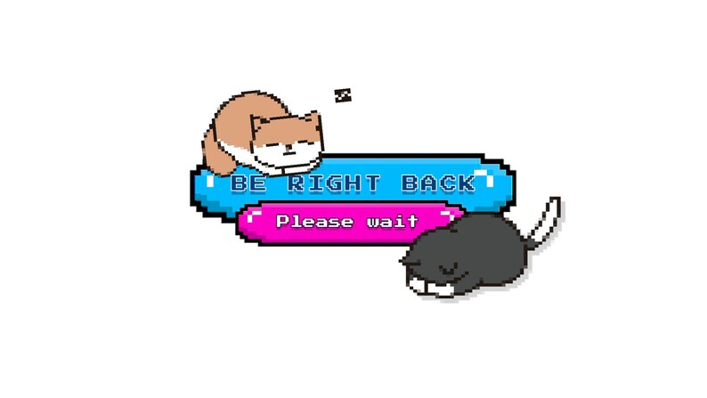 May include: Pixelated graphic with two sleeping cats and the text "BE RIGHT BACK" in a blue rectangle and "Please wait" in a pink rectangle. The cats are brown and black.