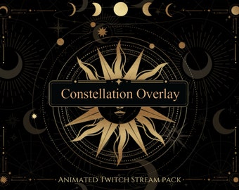 May include: A black background with a gold sun and moon design. The text "Constellation Overlay" is in a gold banner. The text "Animated Twitch Stream Pack" is at the bottom of the image.