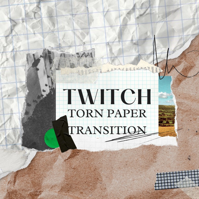 K&ouml;nnte beinhalten: Eine zerrissene Papier-Effekt-&Uuml;bergangsgrafik f&uuml;r Twitch mit dem Text "Twitch Torn Paper Transition" auf wei&szlig;em Hintergrund.