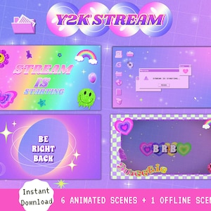 Puede incluir: Un conjunto de superposiciones de transmisi&oacute;n de Twitch animadas con una est&eacute;tica Y2K. Las superposiciones presentan un esquema de color arco&iacute;ris, corazones, estrellas y texto que dice "Stream is starting", "Be right back", y "BRB sweetie".
