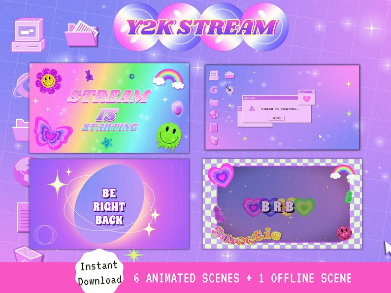 Puede incluir: Un conjunto de superposiciones de transmisi&oacute;n de Twitch animadas con una est&eacute;tica Y2K. Las superposiciones presentan un esquema de color arco&iacute;ris, corazones, estrellas y texto que dice "Stream is starting", "Be right back", y "BRB sweetie".