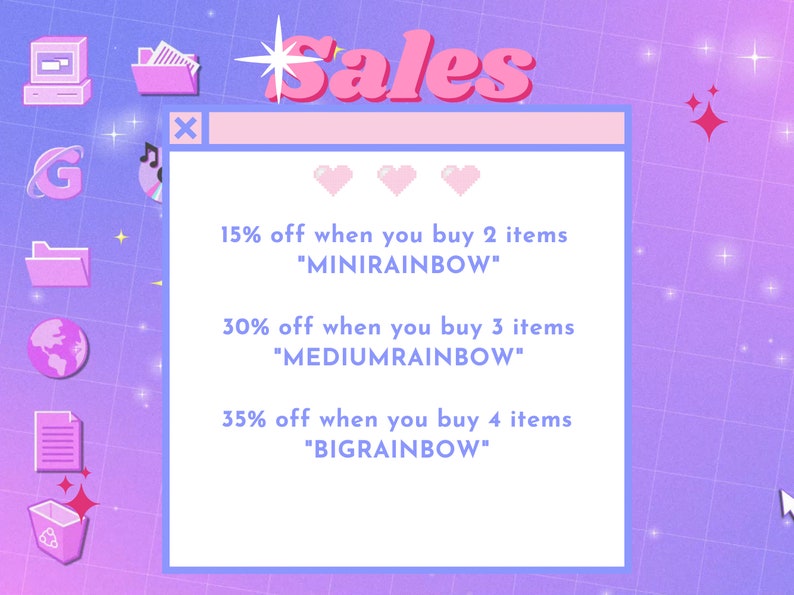 Puede incluir: Una pantalla de ordenador rosa y azul con una ventana blanca que muestra una promoci&oacute;n de ventas. El texto dice: "15% de descuento al comprar 2 art&iacute;culos "MINIRAINBOW" 30% de descuento al comprar 3 art&iacute;culos "MEDIUMRAINBOW" 35% de descuento al comprar 4 art&iacute;culos "BIGRAINBOW"