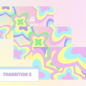 Puede incluir: Una ilustraci&oacute;n digital de un patr&oacute;n abstracto colorido con formas superpuestas en tonos de rosa, azul, amarillo y verde. El texto "TRANSITION 2" se muestra en una ventana de navegador.