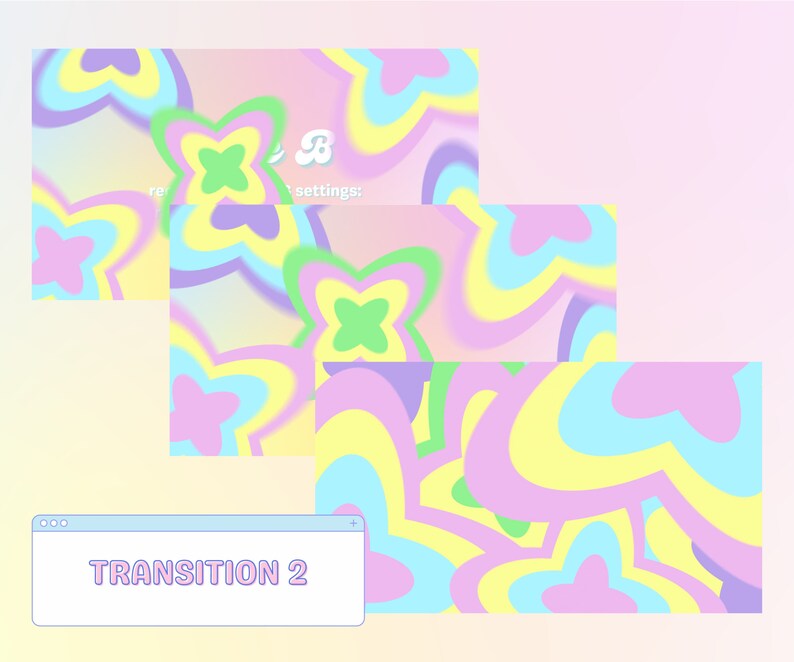 Puede incluir: Una ilustraci&oacute;n digital de un patr&oacute;n abstracto colorido con formas superpuestas en tonos de rosa, azul, amarillo y verde. El texto "TRANSITION 2" se muestra en una ventana de navegador.